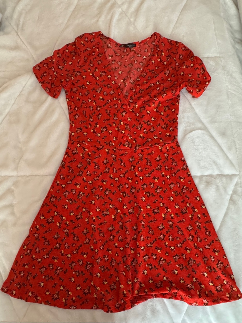 Zara Floral Short-Sleeve V-Neck Mini Dress